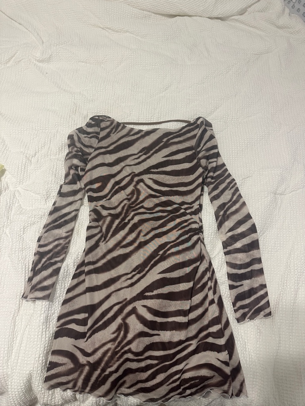 Zebra-Print Long Sleeve Mini Dress in Taupe and Black